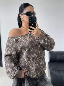 POPSWAY Plus Size Women's Asymmetrical Shoulder Sweatshirt With Metal Ring Eyelet Detail, Casual Anti Social Streetwear Autumn/Winter Jacket Grey - Multicolor - View 4
