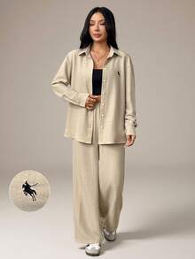 SHEIN PETITE Conjunto casual de camisa de manga larga y pantalones de caballero con bordado tejido en color albaricoque para mujeres petite - Albaricoque - Ver 2