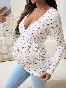 SHEIN Top d'allaitement de maternité à col en V profond avec imprimé floral, décontracté et polyvalent pour le port quotidien en automne - Blanc - Voir 4
