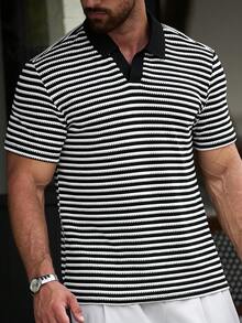 Manfinity CasualCool 男士條紋短袖休閒通勤 Polo 衫 - 黑色 - 查看 3