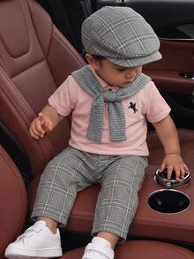 SHEIN Unisex Baby Boy/Girl Baby Boy 3pcs Spring/Summer Casual Fashion Pink Polo Shirt And Grey Plaid Long Pants And Shawl Set, Baby Boy Outfit Sets, Baby Boy Summer Clothes, Squishy, Vintage - Pink - View 1