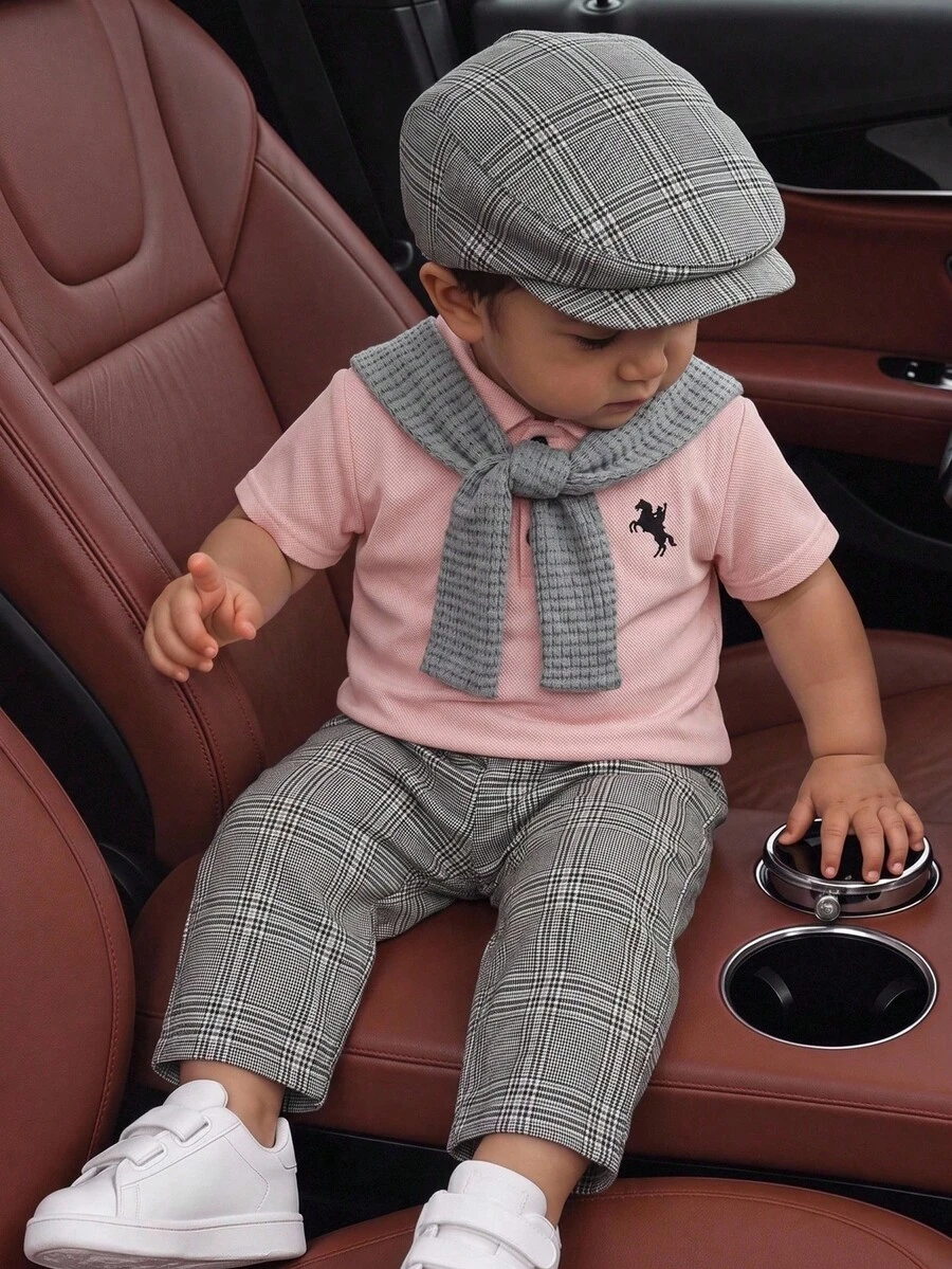 SHEIN Unisex Baby Boy/Girl Baby Boy 3pcs Spring/Summer Casual Fashion Pink Polo Shirt And Grey Plaid Long Pants And Shawl Set, Baby Boy Outfit Sets, Baby Boy Summer Clothes, Squishy, Vintage - Pink - View 1