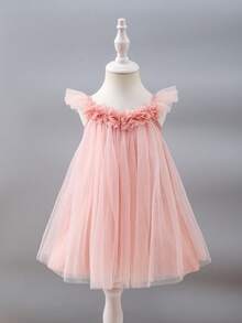 Glamorique Kids 粉紅色女嬰公主洋裝，波浪袖設計搭配3D花朵，柔軟薄紗高級女嬰正式禮服，適合嬰兒生日派對、週歲宴、家庭聚會、婚禮、高端親子活動、日常出遊拍照、夏季洋裝、畢業舞會禮服 - 粉色 - 查看 8