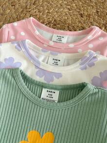 SHEIN Piyama Bayi Perempuan Pas Badan 3 Potong, Atasan Pullover Lengan Panjang Kerah Bulat Bergaris Motif Polkadot & Bunga, Celana Panjang Pinggang Elastis, Pas Badan - MultiWarna - View 3