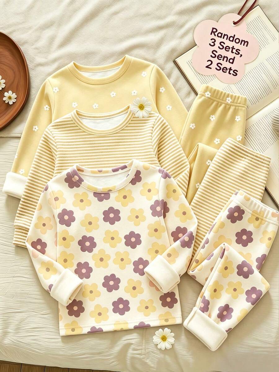Random 3 Sets Send 2 Sets Cute Sweet Cartoon Floral Print, Mori Style, Baby Girl Casual Minimalist Slim Fit Round Neck Long Sleeve Long Pants Home Wear Set 4pcs, Suitable For Autumn/Winter, Tight Fit - Multicolor - View 1
