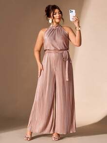 Cravure Plus Size Women Solid Color Ruched Halter Neck Casual Daily Wear Jumpsuit Fall - Khaki - View 1