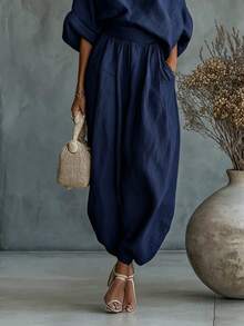 SHEIN Fiorisel طقم نسائي كاجوال يومي بلون موحد مع ملابس علوية بكتف غير متماثل وبنطلون طويل - أزرق بحري - مشاهدة 5
