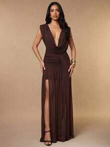 Silquee Sexy Dark Purple Deep V-Neck Long Dress For Summer Luxury Evening For Weddings Night Out Club Elegant For Women Outfits - Coffee Brown - View 8