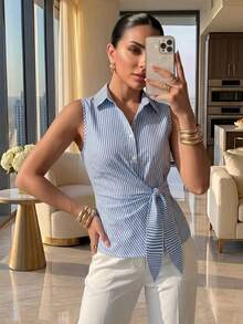 Structelle Kemeja Wanita Motif Garis-Garis dengan Kancing Depan, Blus Kasual Elegan dengan Detail Pita di Bagian Depan - MultiWarna - View 4