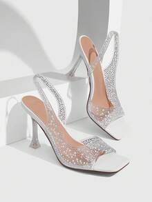 CUCCOO SZL Sandalias de tacón alto con tiras traseras y punta abierta, transparentes con strass para mujer - Blanco - Ver 1