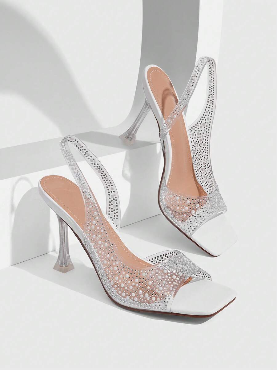 CUCCOO SZL Sandalias de tacón alto con tiras traseras y punta abierta, transparentes con strass para mujer - Blanco - Ver 1
