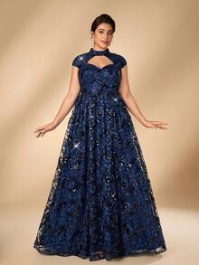 Serin Luxury Plus Size Elegant Glamorous Navy Blue Sequin Embroidered Hollow Out Stand Collar Cap Sleeve A-Line Formal Maxi Dress - Navy Blue - View 3