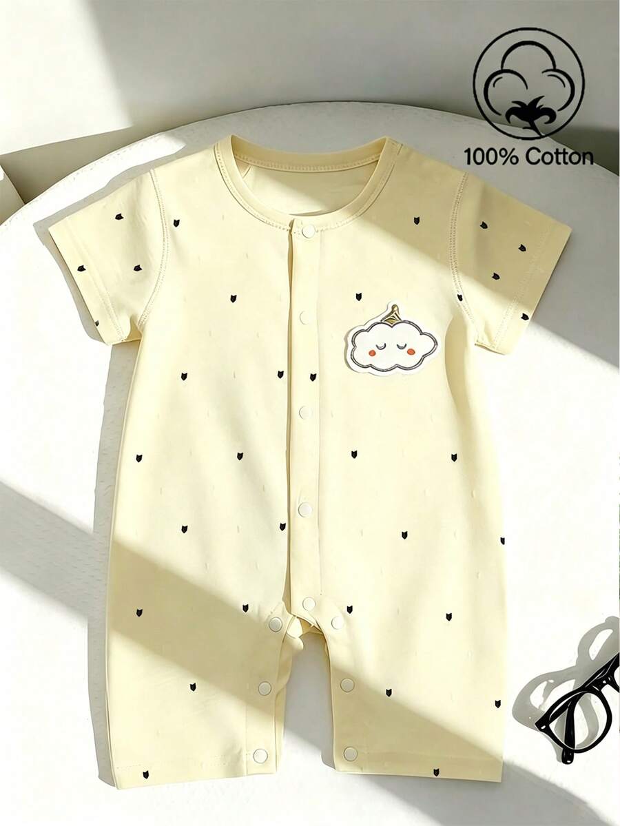 SHEIN 男嬰連身衣 柔軟幼兒服飾 2026 春夏新款 薄款新生兒連身衣 短袖休閒運動風 度假風 藍黑波點數位印花 可愛雲朵圖案 中性嬰兒夏季套裝 圓領 按扣設計 易穿脫 0-1 歲 - 黃色 - 查看 1