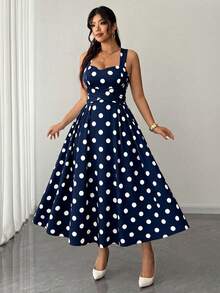 Elenzga 女款大尺碼優雅純色高彈力面料細肩帶裹身綁帶設計後腰綁帶收腰設計百褶腰超大裙襬百搭設計派對聚會音樂節休閒百搭時尚單品度假夜晚約會情人節細肩帶中長洋裝 - 彩色 - 查看 4