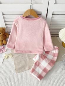 SHEIN Genkimix Kids 2件組秋冬雙面法蘭絨抓絨女嬰可愛粉色熊蝴蝶結刺繡長袖上衣與粉色格紋加厚長褲家居服套裝 - 粉色 - 查看 2