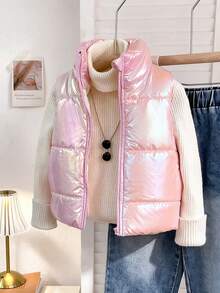 SHEIN 女嬰冬季無袖拉鍊簡約百搭背心，適合寒冷冬季戶外與日常穿著，粉色休閒日常背心 - 粉色 - 查看 1