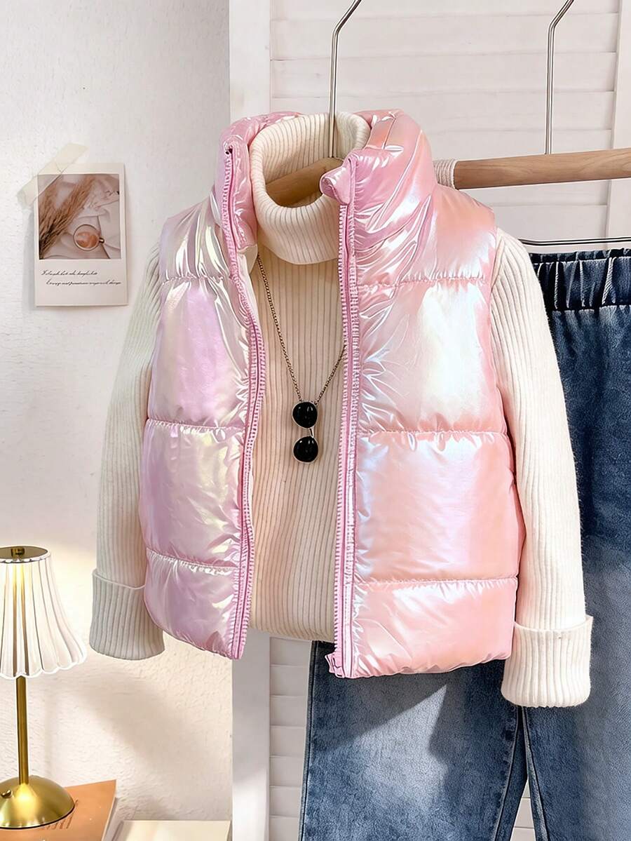 SHEIN 女嬰冬季無袖拉鍊簡約百搭背心,適合寒冷冬季戶外與日常穿著,粉色休閒日常背心 - 粉色 - 查看 1