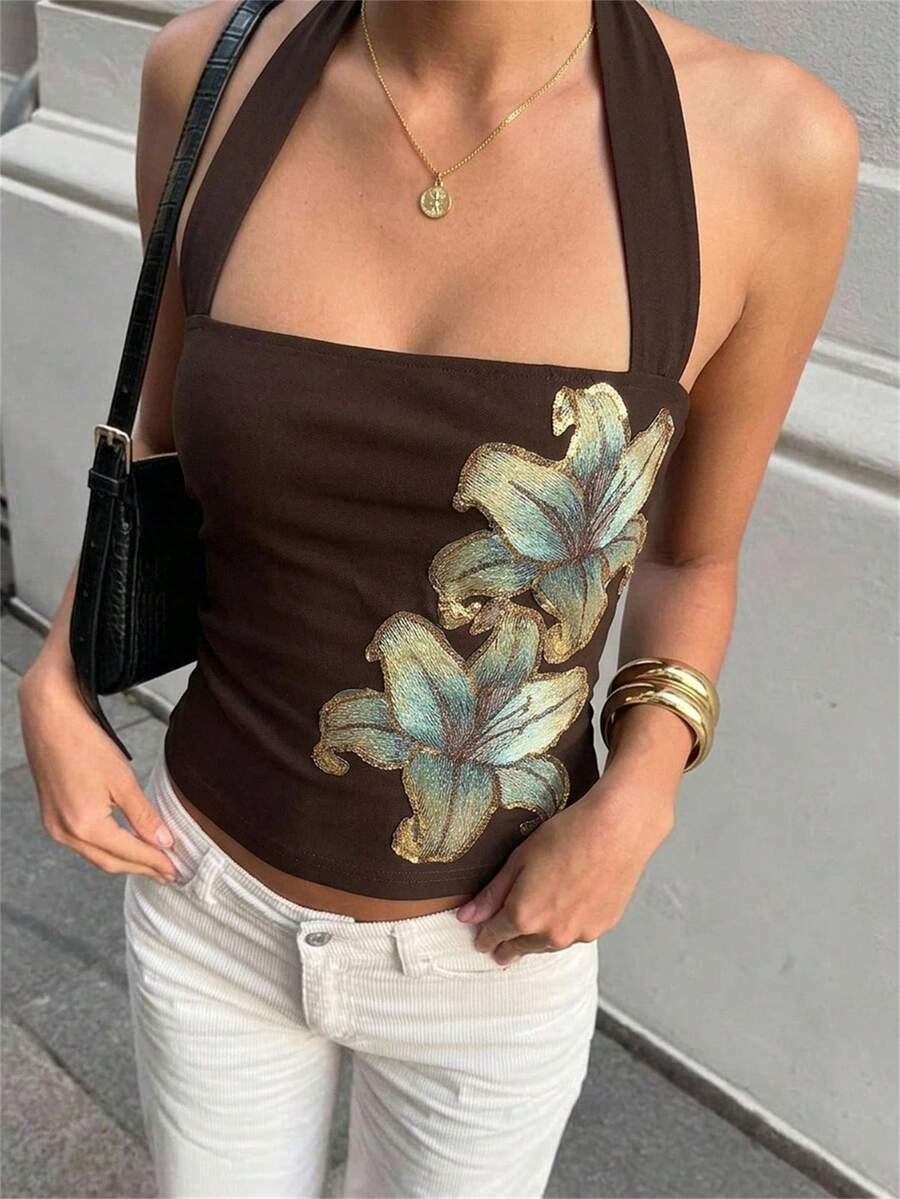 Aloruh Top de mujer con estampado floral, fruncido, ajuste ceñido y cuello halter, versátil para citas y salidas - Marrón - Ver 1