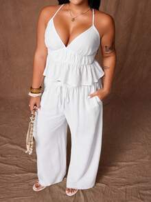 Rustia Women's Plus Size White Linen 2-Piece Set, V-Neck Camisole With Open Back, Cinched Waist And Ruffle Hem, Straight Leg Pants With Pockets, Casual Minimalist Daily Outfit For Vacation, Beach, Strolling, Shopping, Dating And Commuting - White - View 7