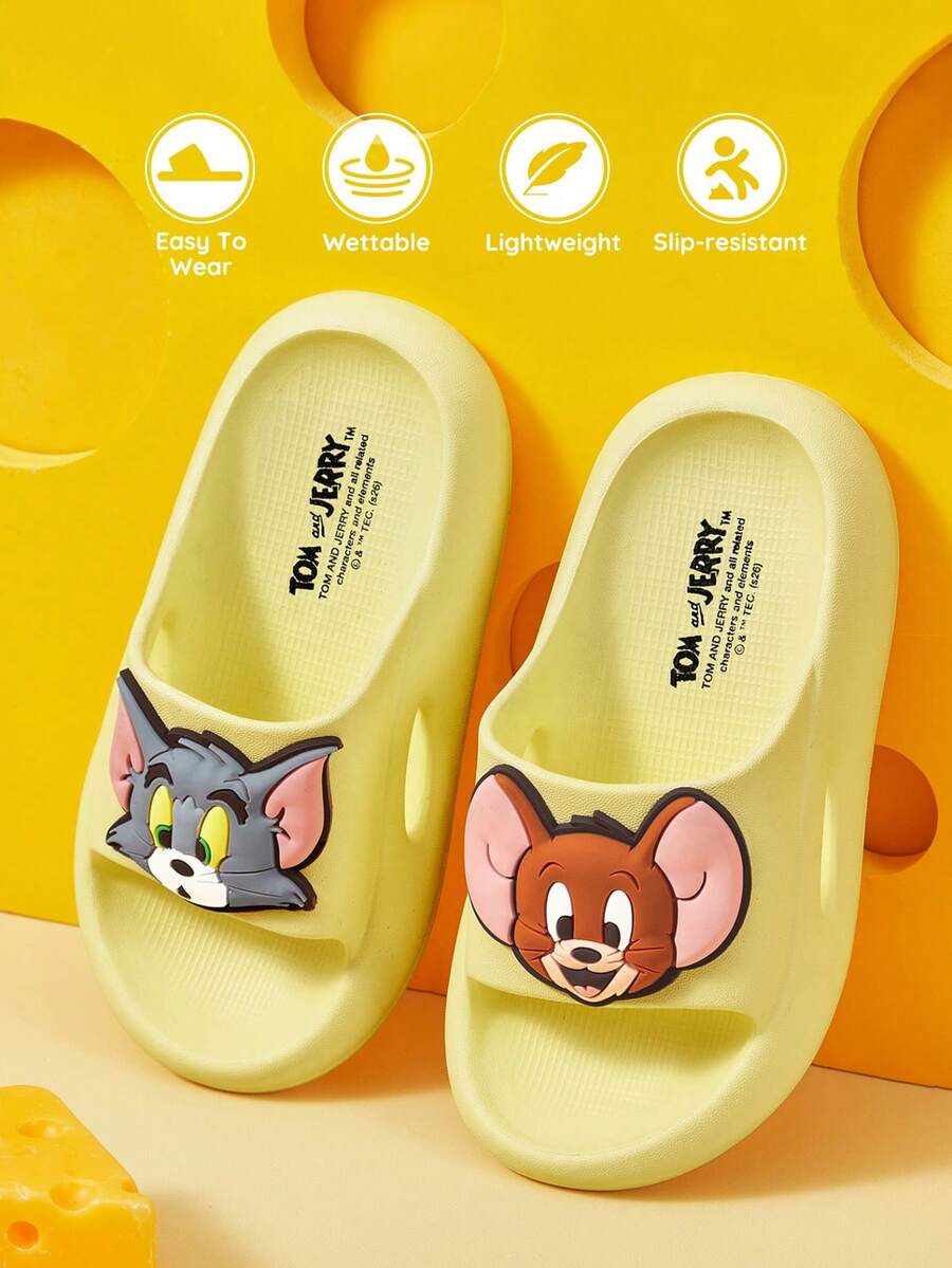 TOM & JERRY X SHEIN 可愛卡通圖案黃色兒童EVA拖鞋,適合幼兒與兒童,可用於室內、淋浴或戶外,輕便舒適 - 芥末黃 - 查看 1