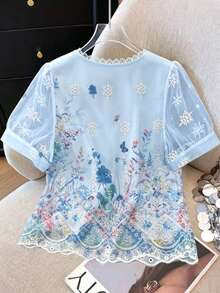 GlowEve Woven Embroidered Women's Summer V-Neck Short Sleeve Blouse - Baby Blue - View 2