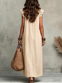 SHEIN LUNE Women's Solid Color Ruffle Hem Premium Texture Linen Casual Boho Dress Vacation White Summer - Apricot - View 2