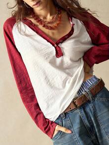 Bohemela 休閒針織拼接色半開襟女款T恤 - 紅白色 - 查看 6
