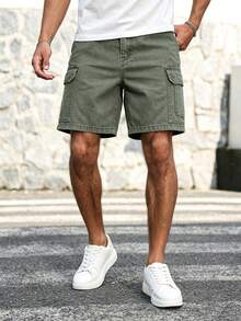 Manfinity Homme Pantalones cortos de mezclilla estilo americano ropa de trabajo para hombres de talla grande - Verde militar - Ver 8