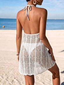 Swim Vcay Vestido de playa casual para mujer Swim Chiccia primavera/verano, cuello en V, sin mangas, hombros descubiertos, espalda abierta con lazo, traje de baño casual, negro, sexy, para club, salidas, conciertos, fiestas, citas y vacaciones - Blanco - Ver 2