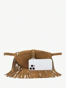 Viva Strut Women's Retro Hardware Buckle And Rivet Tassel Waist Bag/Chest Bag, Brown, Fashionable Personalized Street Style, Sweet And Cool Girls Y2K - Suede Brown - View 5