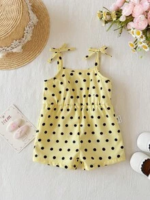 SHEIN 新生女嬰可愛夏季休閒波點圖案細肩帶連身褲 - 芥末黃 - 查看 3