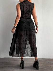 Whyspr Dunkles transparentes Mesh-Kleid mit Flockprint und Kreuzschlitz - Schwarz - Übersicht 2