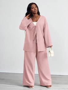 SHEIN PETITE CURVE 大尺碼女款休閒兩件套 前綁帶長袖上衣與長褲套裝 素色粉色 適合海灘正式度假商務穿搭 夏季秋季 - 藕粉色 - 查看 5