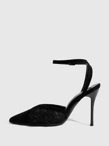 CUCCOO SZL Black Lace Mesh Pointed Buckle Back Empty Stiletto Shoes, Commuter Workplace Model - Black - View 4