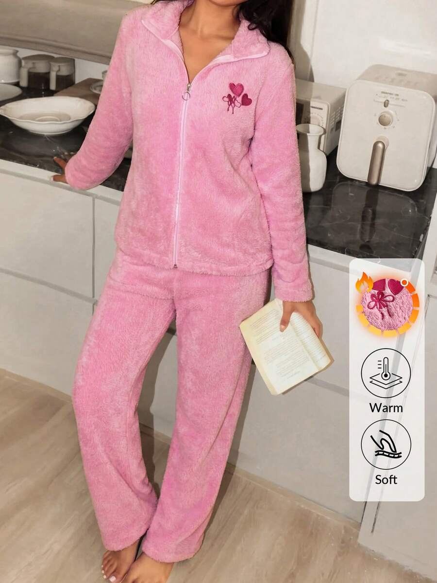 SHEIN Heart Embroidery Zip Up Teddy Fleece Lounge Set - Pink - View 1