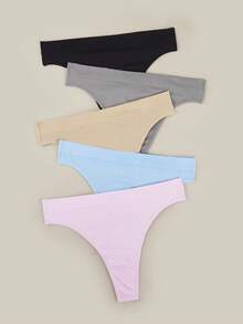 Bralution 5pcs Women Plus Size Basic Solid Seamless Comfortable Ribbed Knitted Sexy Thong Panties - Multicolor - View 1