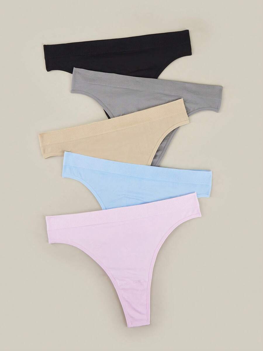 Bralution 5pcs Women Plus Size Basic Solid Seamless Comfortable Ribbed Knitted Sexy Thong Panties - Multicolor - View 1