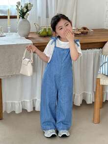 SHEIN Little Byeori 女童深藍色牛仔寬鬆連身褲 - 淺色水洗藍 - 查看 5