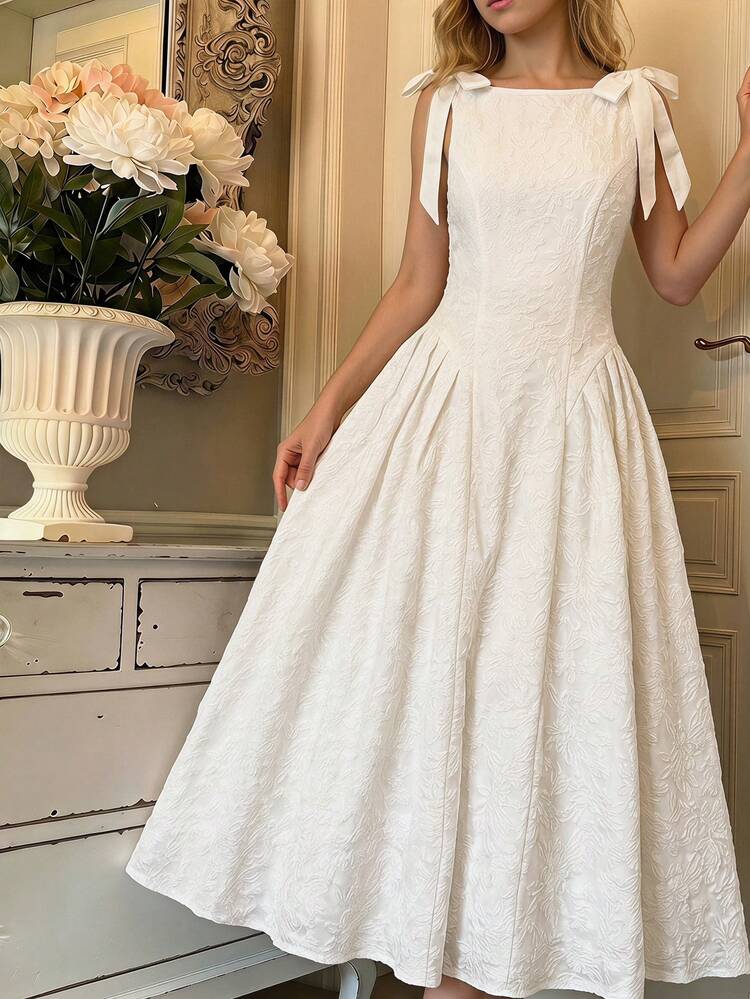 SHEIN Tween Girls Spring/Summer Elegant Fashion Versatile Daily Woven Jacquard Cinched Waist Patchwork Bow Sleeveless Long Dress, Suitable For Ceremonies, Parties, All Occasions, New Girls Dress, Birthday Party, Graduation Season, White Dress - White - View 2