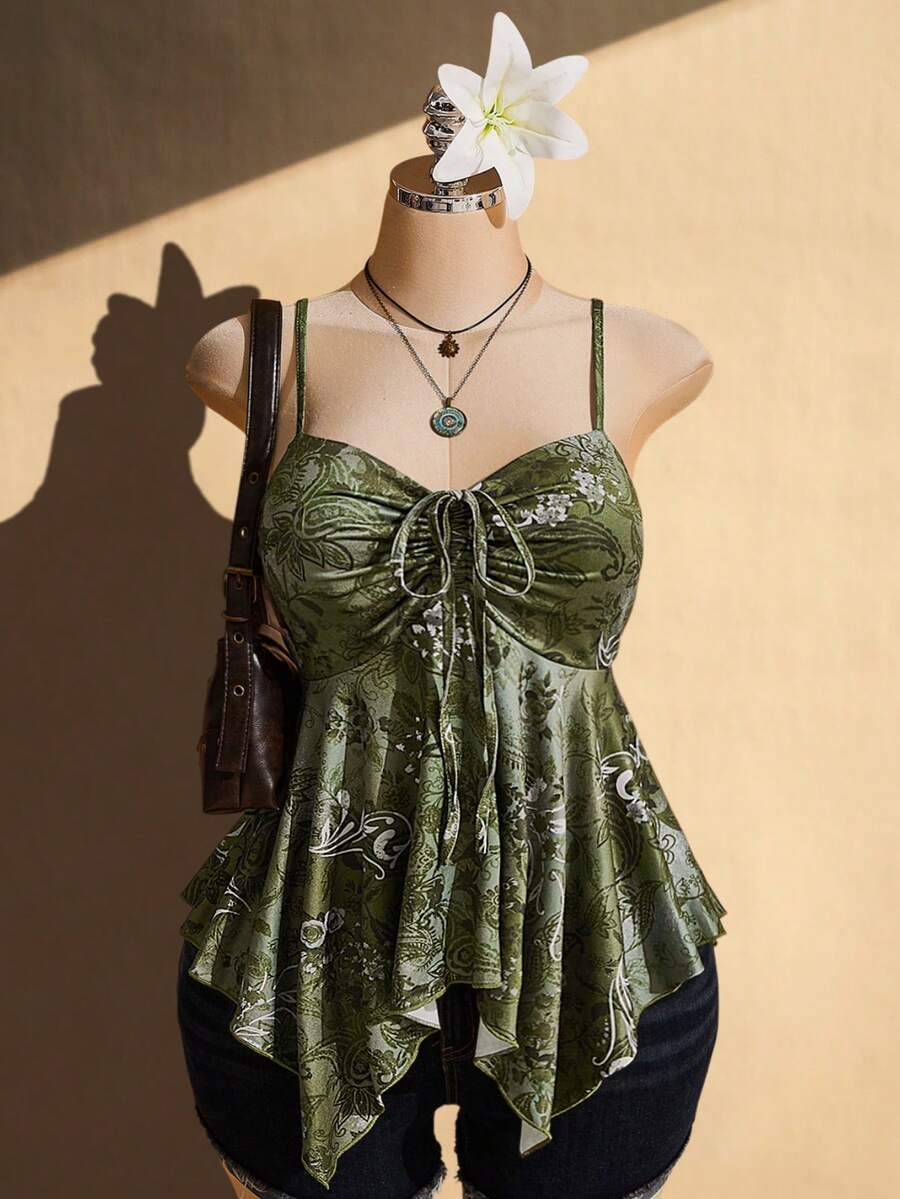 SHEIN ICON 女款大尺碼復古性感千禧風 Y2K 海灘度假波希米亞風綠色佩斯利花紋 - 彩色 - 查看 1