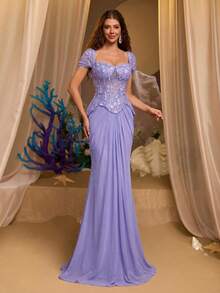Glamrae Romantic 3D Lace Off-Shoulder Sheer Fishbone Boning Skirt With Novel Sculptural Mermaid Tail Train, Suitable For Dates, Vacations, Bachelorette Parties, Weddings, Back To School, All Formal Occasions, Women's Evening Gown - Purple - View 7