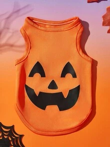 2pcs Pet Cat Dog Universal Halloween Orange Pumpkin Funny Expression Pattern Print Fashionable Breathable Comfortable Dog Vest, PETSIN Original Design - Multicolor - View 6