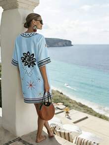 SHEIN Holidaya 女款深V領拼色休閒派對與外出洋裝 - 藍色 - 查看 2