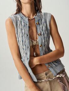 Bohemela Vintage Twisted Rope Mixed Color Knit Vest - Blue and White - View 4