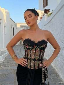 Glamine Women's Elegant French Floral Embroidered Fishbone Sheer Sexy Bandeau Top - Black - View 5