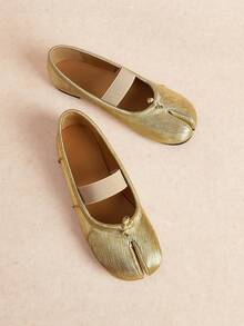 Rosivie 女款金屬色分趾彈性帶平底優雅金色芭蕾平底鞋 日常休閒與派對鞋 - 金色條紋 - 查看 1