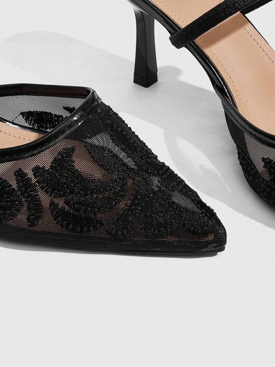 CUCCOO SZL Women's Fashion Elegant Embroidered Pointed Toe Mesh High Heel Pumps Spring Shoes