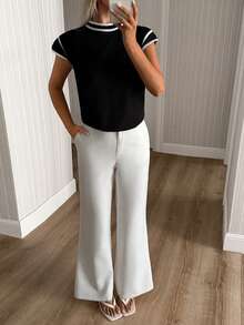 Women's Short-Sleeved Circle Neck Viscose Blouse - Black - View 6
