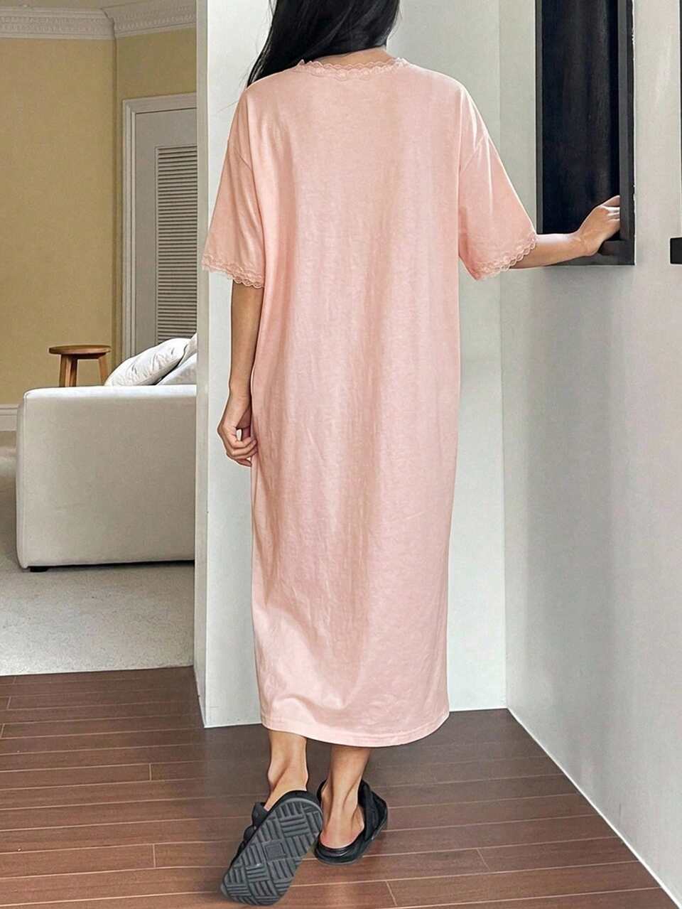 Summer Autumn Comfortable Minimalist Lace Patchwork Knit Loose Fit Women's Loungewear Dress