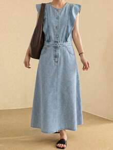 DAZY Spring Summer Women's Round Neck Button Half-Placket Pocket Casual Denim Dress - Blue - View 4